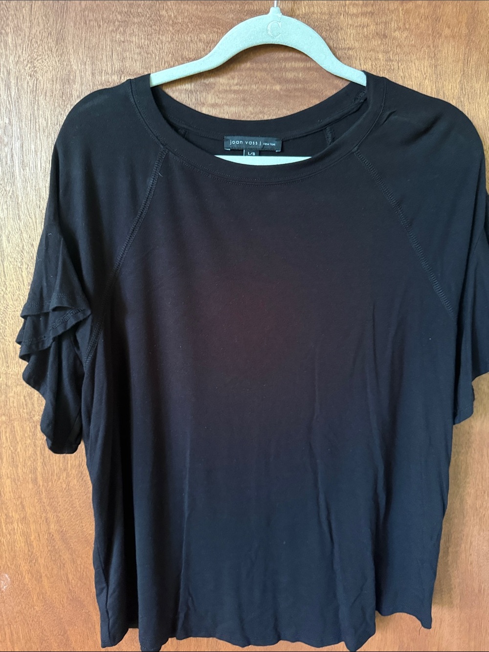 Joan Vass Black Short-Sleeve Ruffle Detail Top